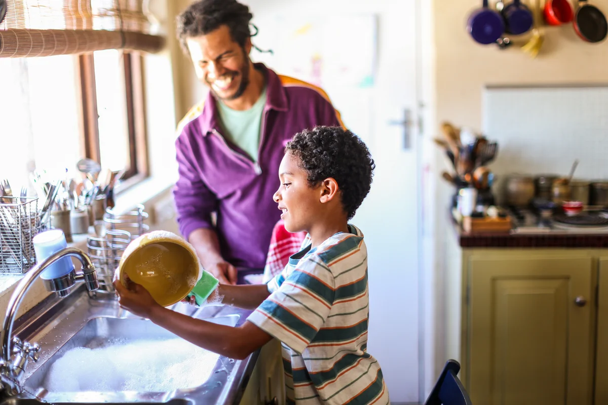 Father and son doing dishes