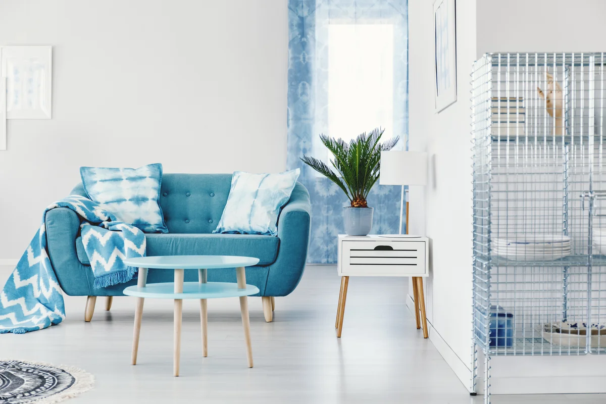 living room with shibori fabrics
