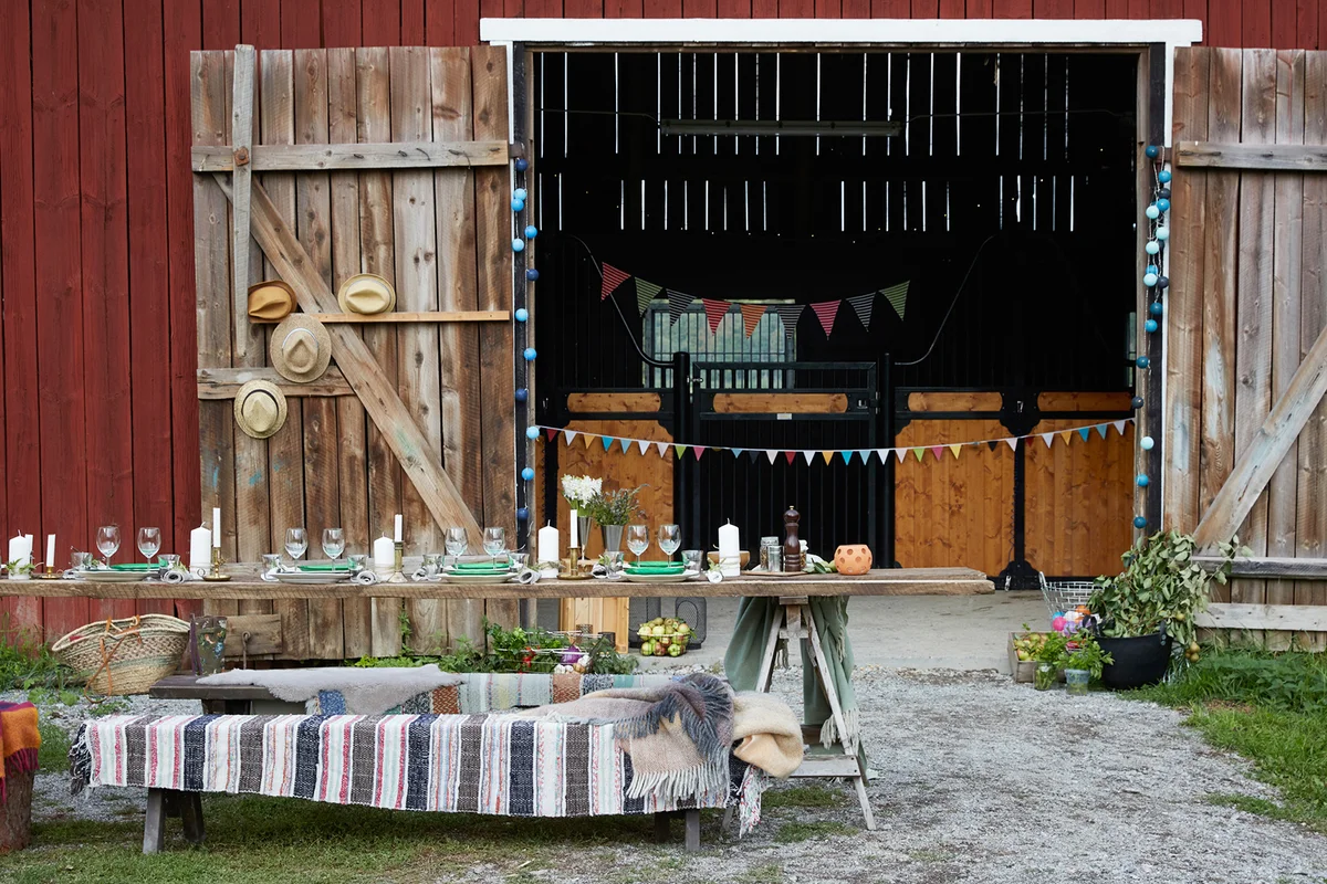 Place setting on table against barn during party