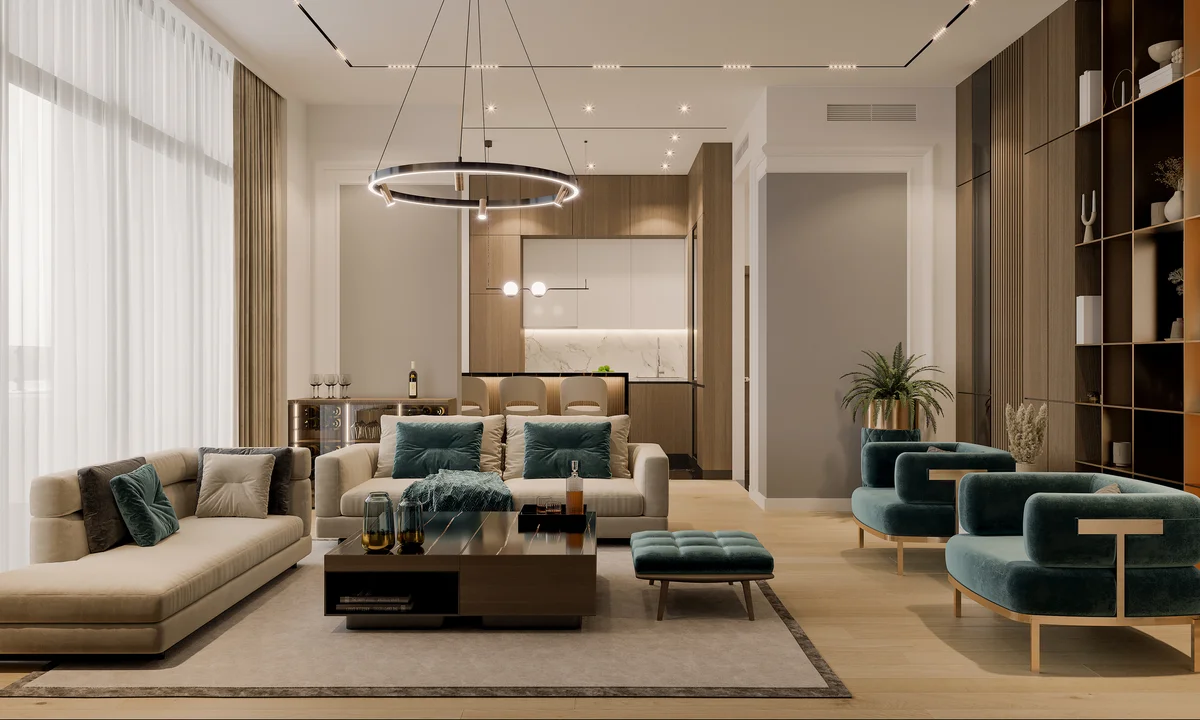 living room with velvet furniture