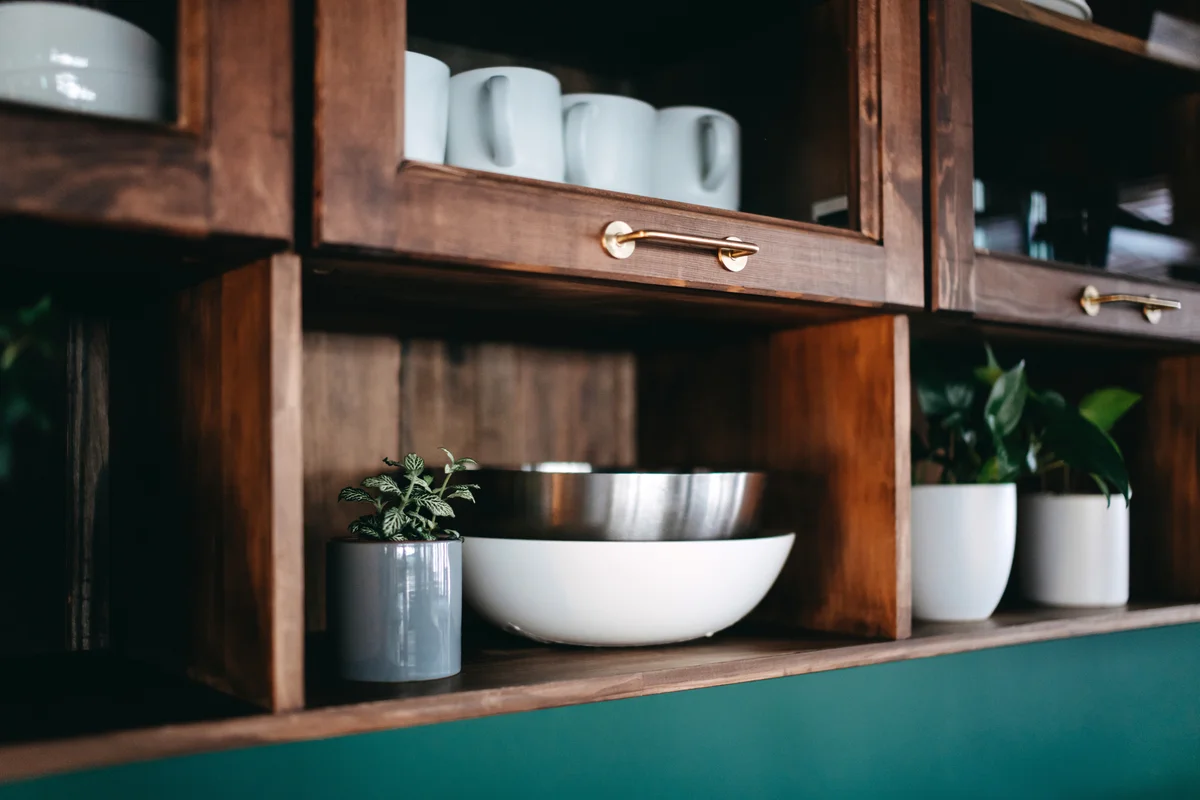 Dark stained wood cabinets