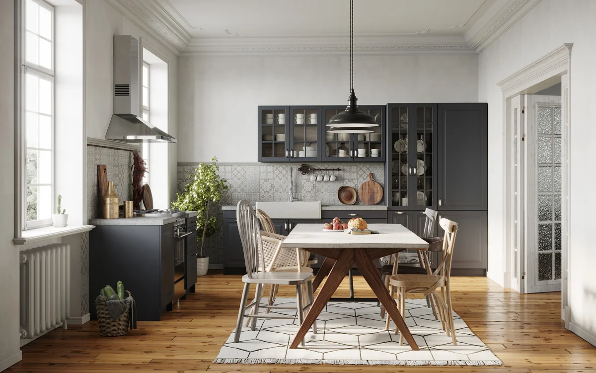 kitchen with glass-front cabinets