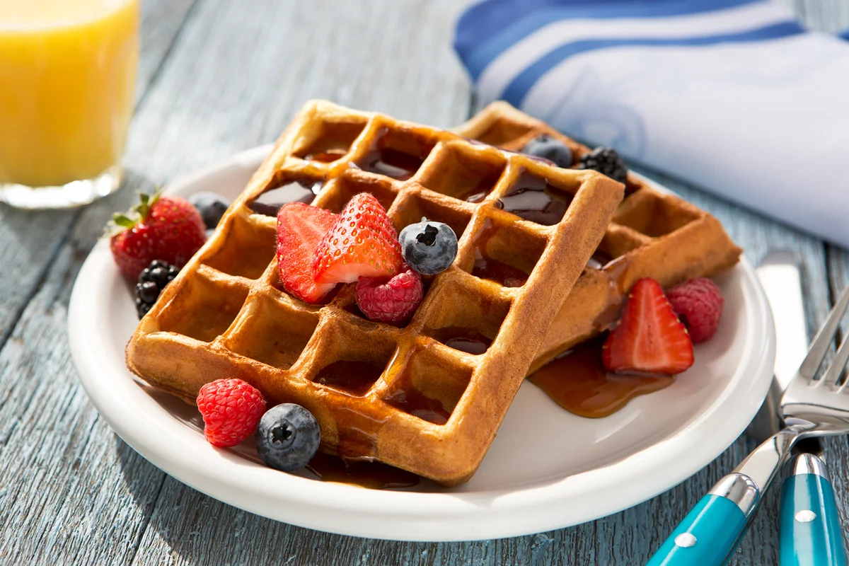 Belgian Waffles with Assorted Berries and Maple Syrup
