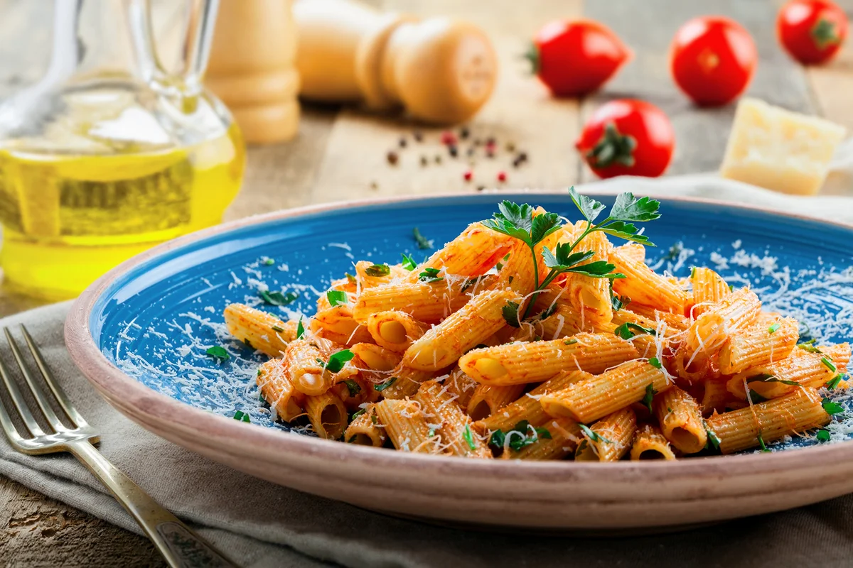 Italian penne pasta with tomato sauce