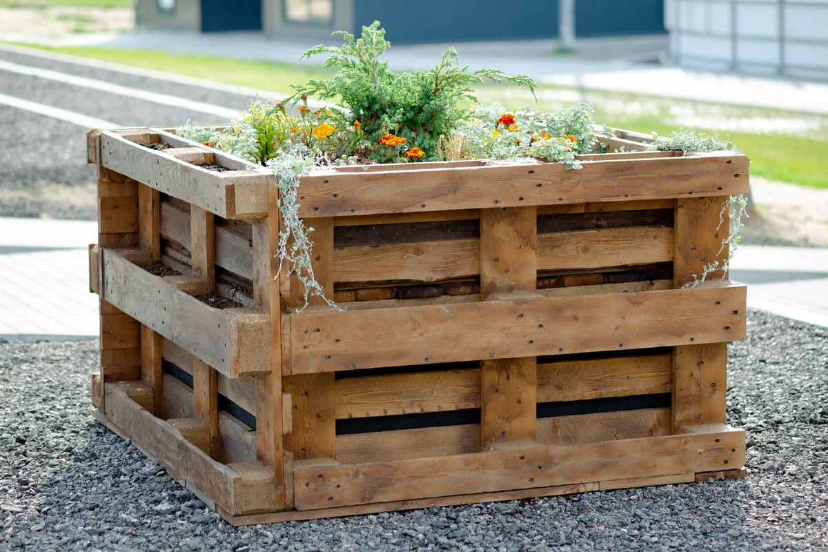 Flower beds with flowers made of wooden pallets