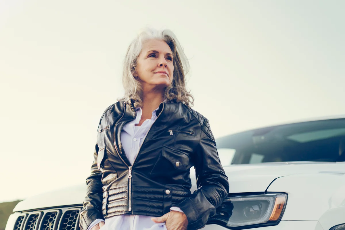 woman in a leather jacket