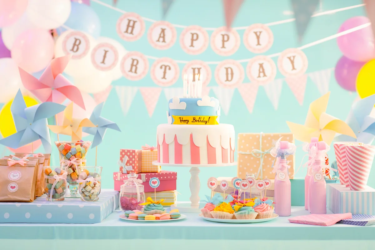 Cake, candy and gifts at birthday party