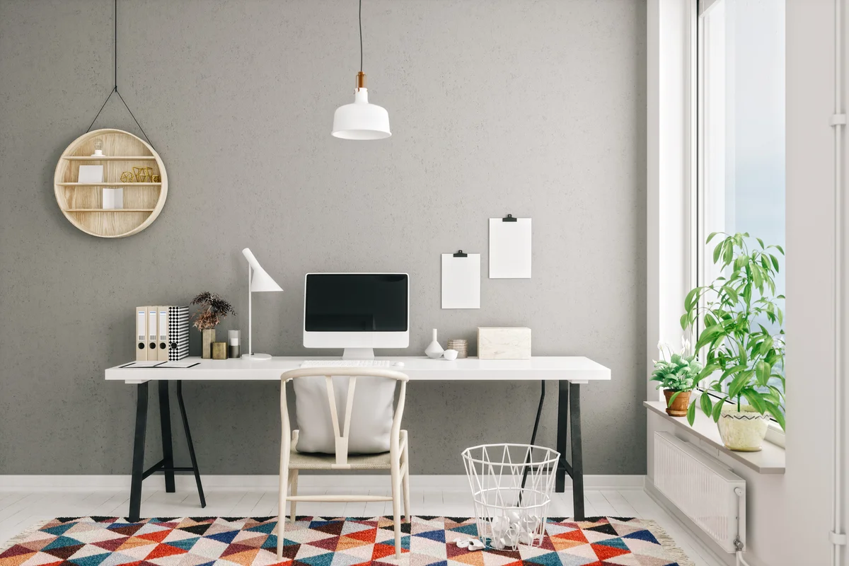 clean modern office space with geometric rug