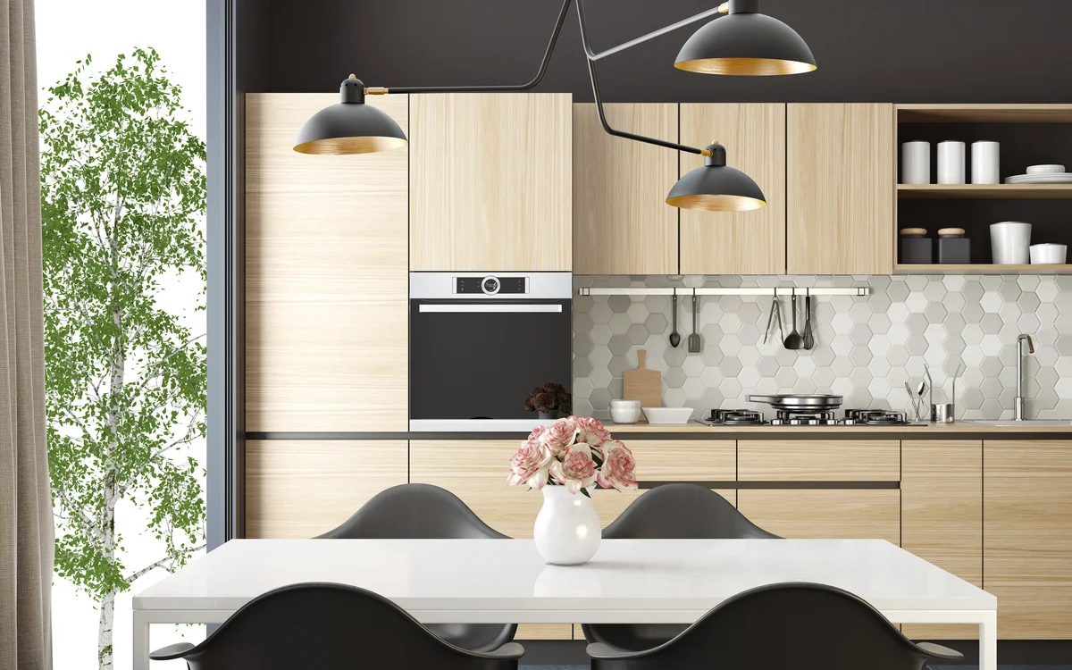 Modern Scandinavian kitchen and dining room with flat panel cabinets