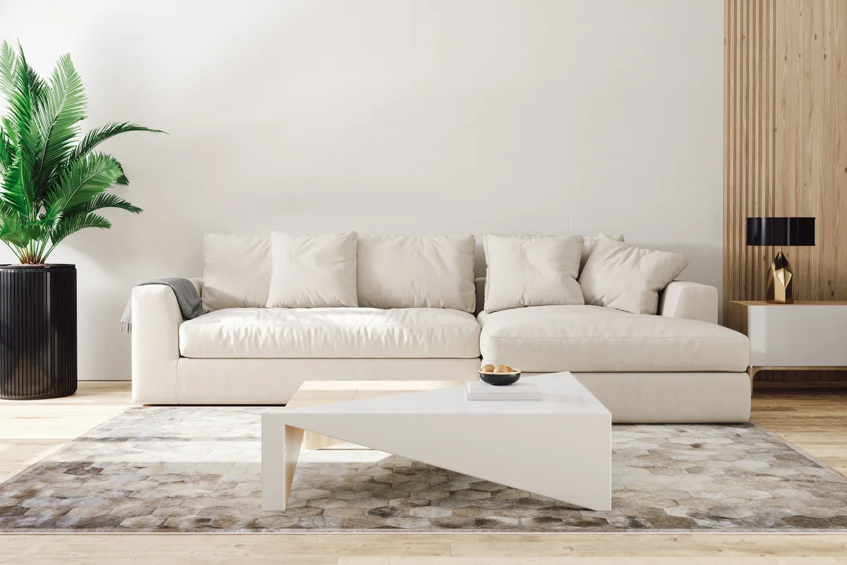 Neutral but cozy and warm living space and couch