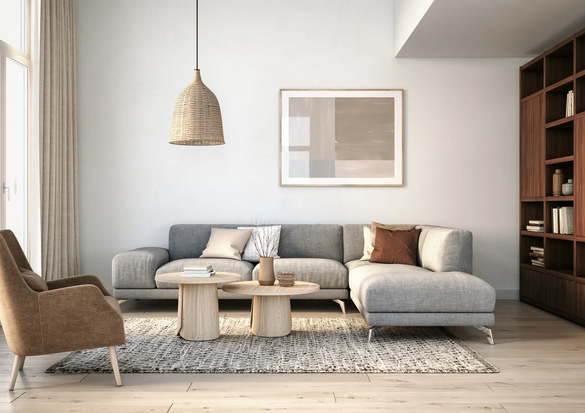 Moderns scandinavian living room with different textures in light fixture, rug & pillows
