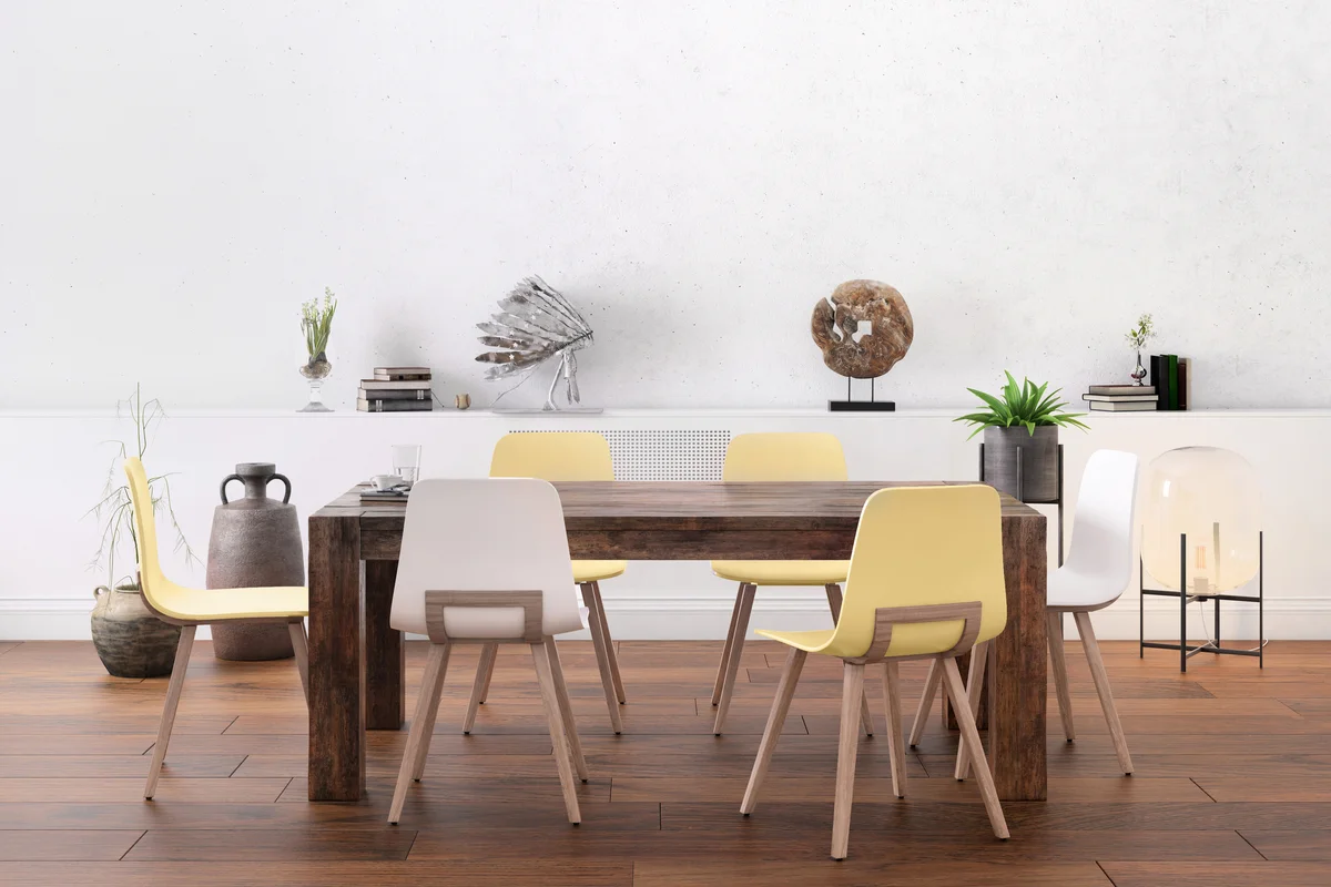 Dining set with yellow dining chairs for a pop of color