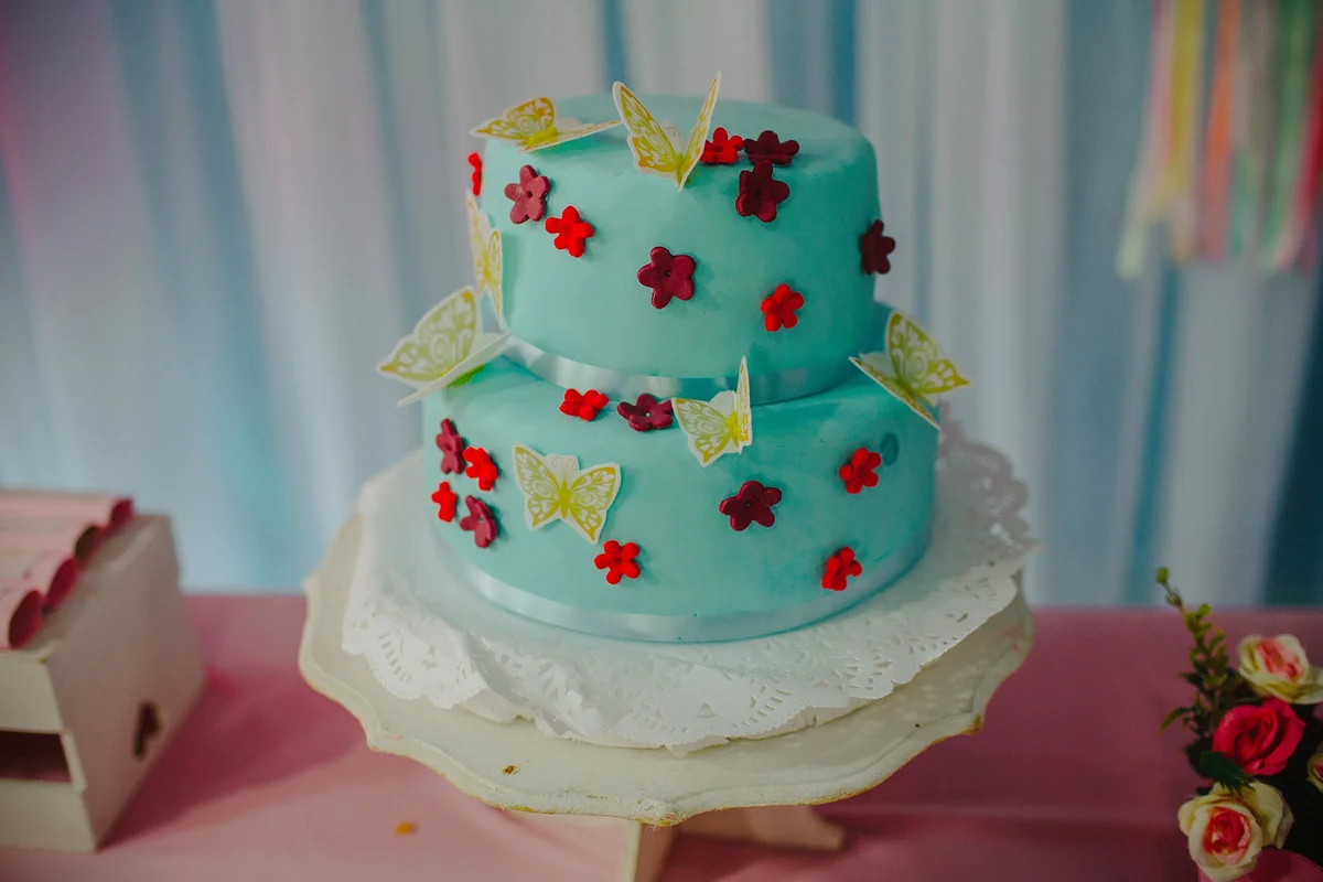 colorful blue cake with butterflies & flowers