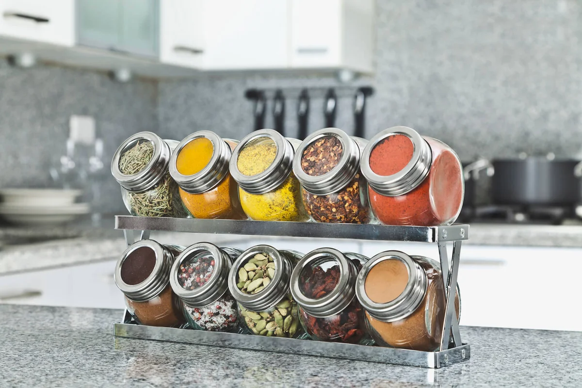 Spice rack on modern kitchen countertop