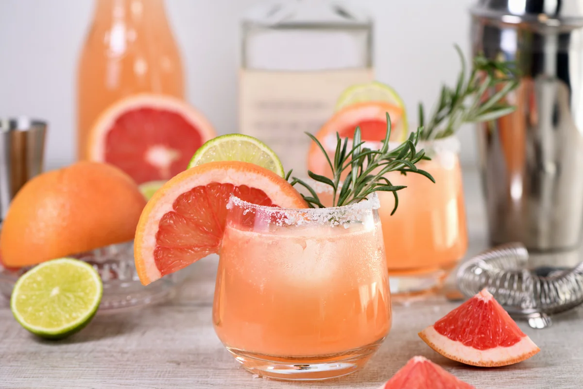 Grapefruit paloma mocktail with rosemary garnish