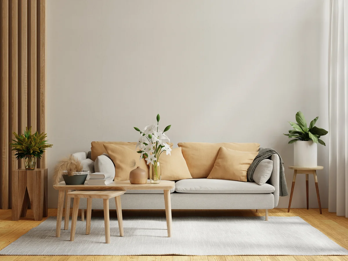 living room with slat wall