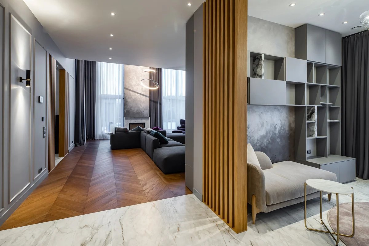 room divider with wood slats