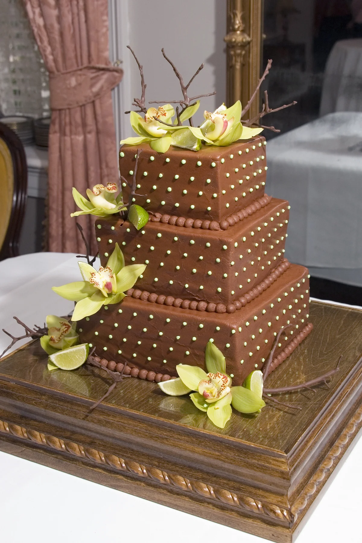 Chocolate cake at a wedding reception