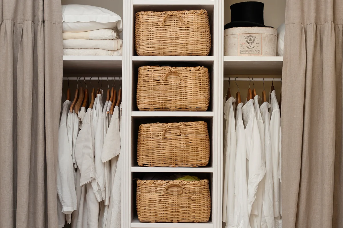Wicker baskets form drawers on open shelving