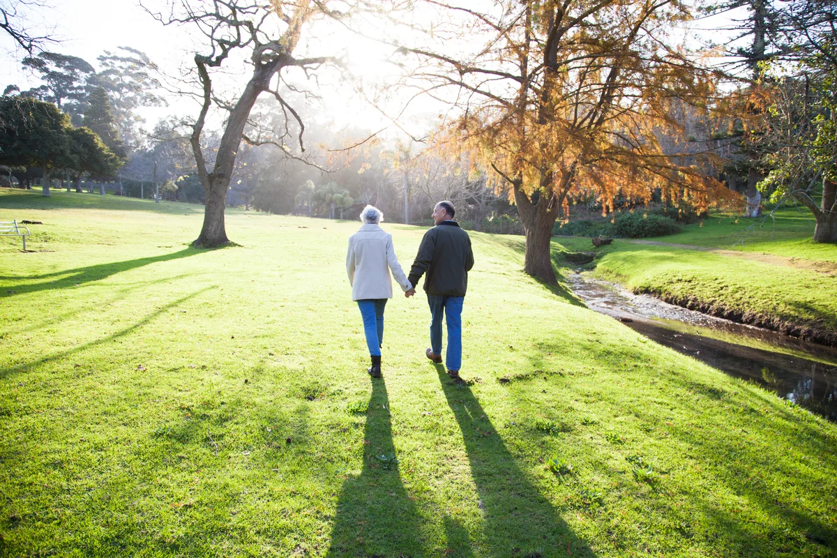 Older couple holding hands in park
