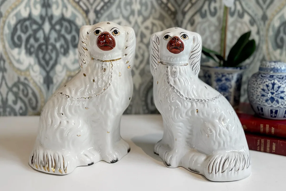 Superb c.1860 Antique Pair White & Gold Staffordshire Spaniel