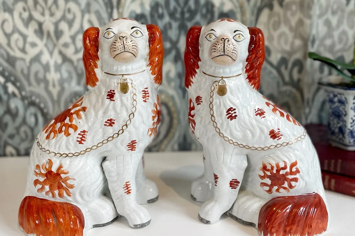 Exceptionally Rare c.1850 Antique Pair Red & White Staffordshire Spaniel Wally Dogs