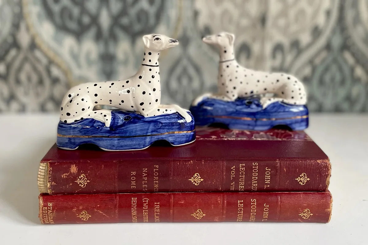 Antique c.1860 Pair of Staffordshire Dalmatians Ceramic Dogs on Blue Cushion