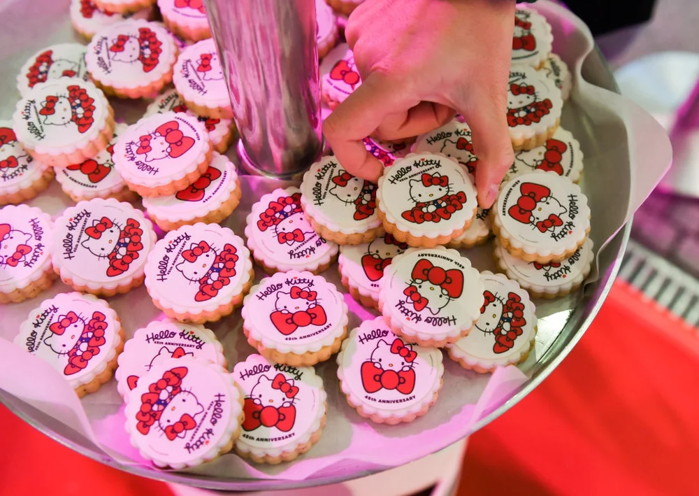 14 November 2019, Berlin: Biscuits with Hello Kitty logos at the party for Hello Kitty's 45th birthday at the Mall of Berlin. Photo: Jens Kalaene/dpa-Zentralbild/ZB (Photo by Jens Kalaene/picture alliance via Getty Images)