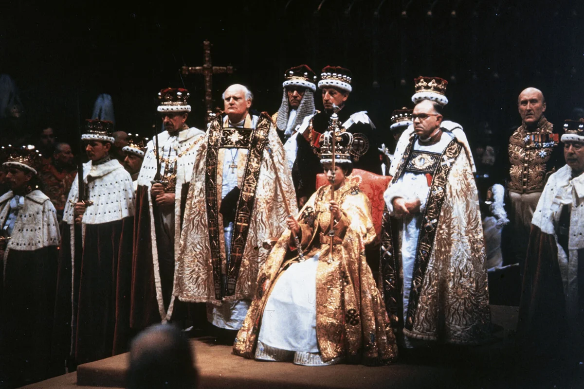 Queen Elizabeth II after her coronation ceremony in Westminster Abbey