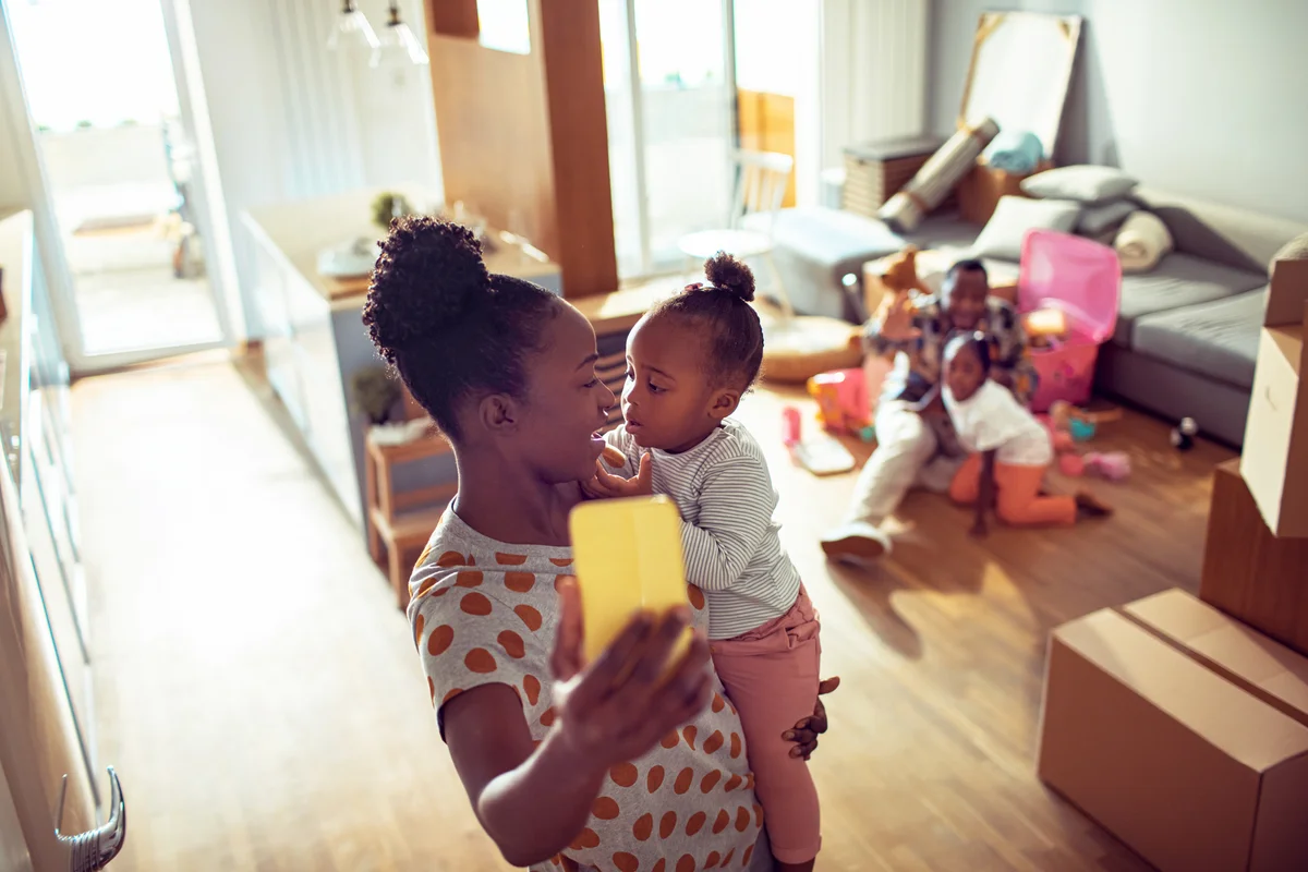 Woman and child taking selfie