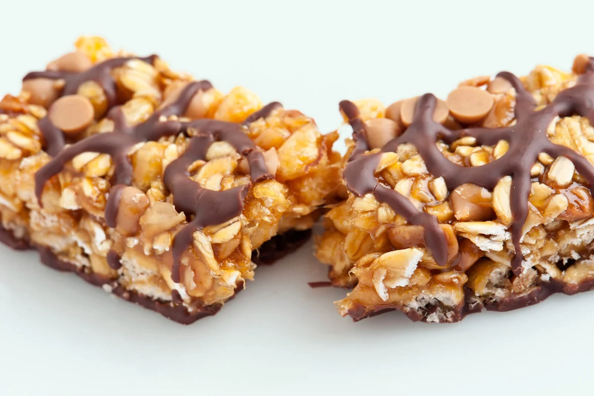 A tasty chocolate and peanut butter energy bar in half