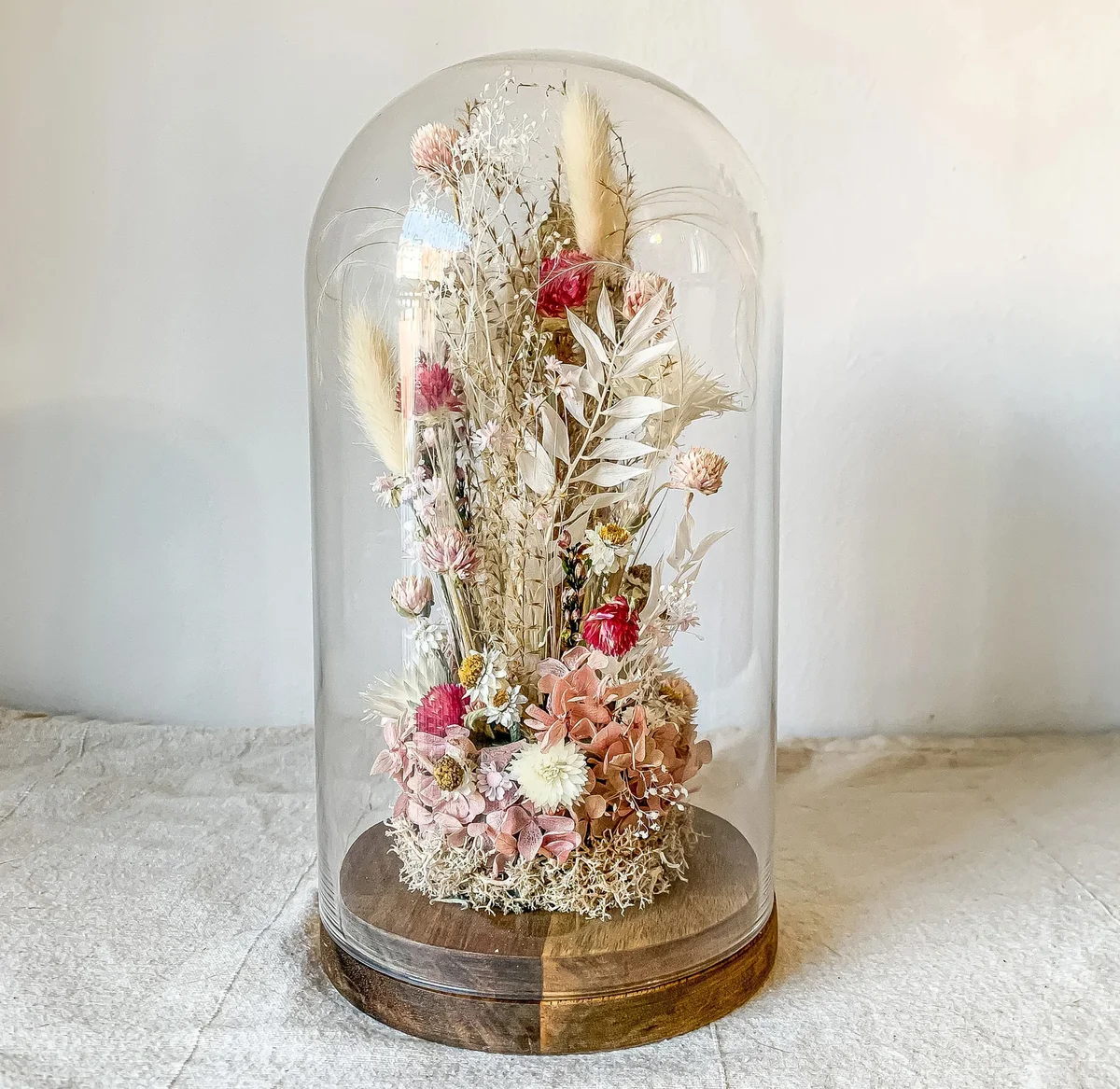 Blush Pink and White Neutral Dried Flower Glass Dome