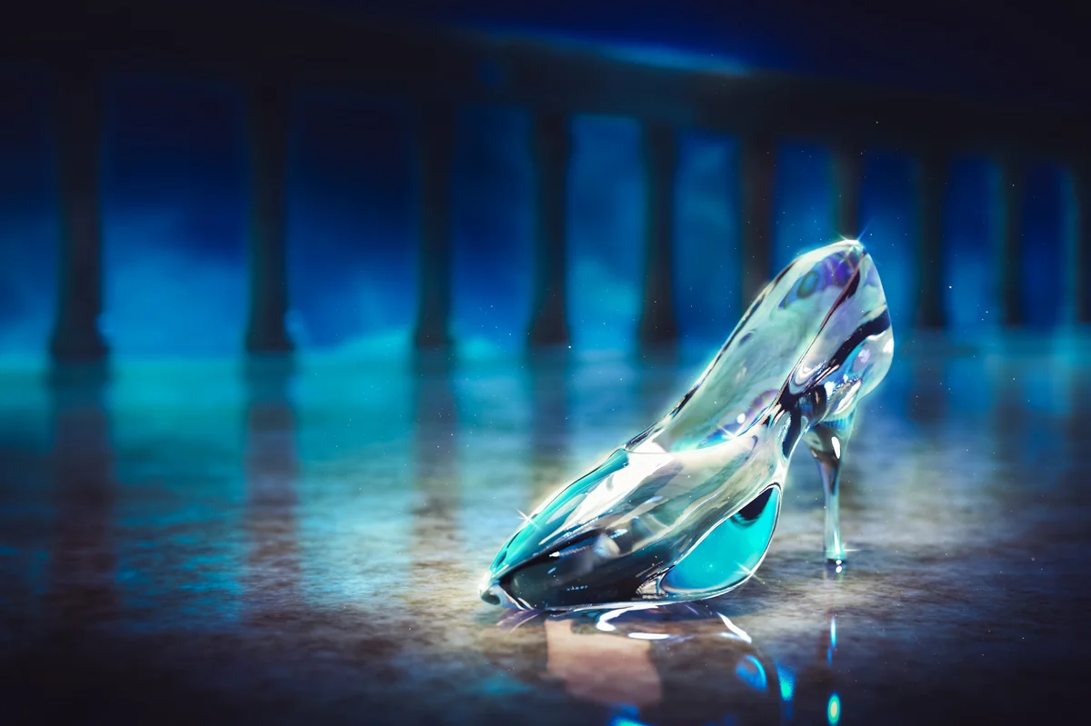 Cinderella's glass slipper on castle's floor/ 3D rendering