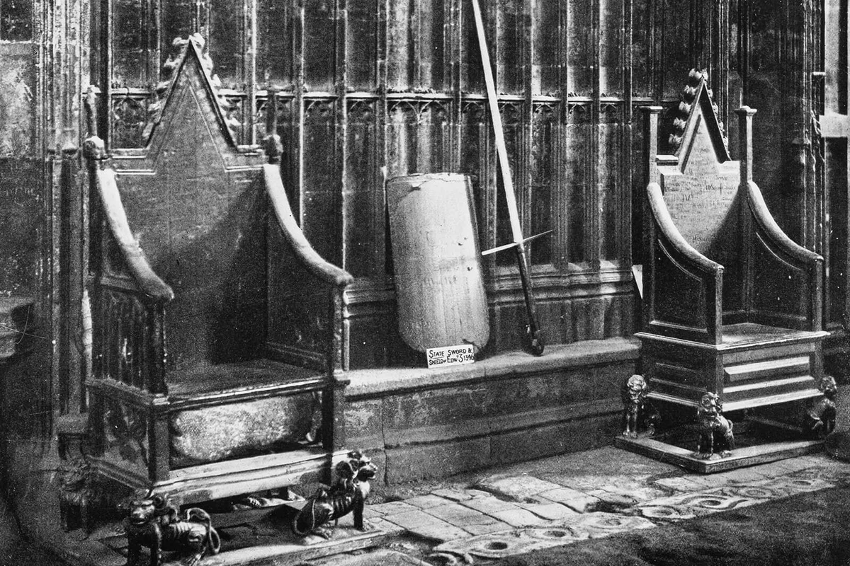 Coronation chairs, sword and shield