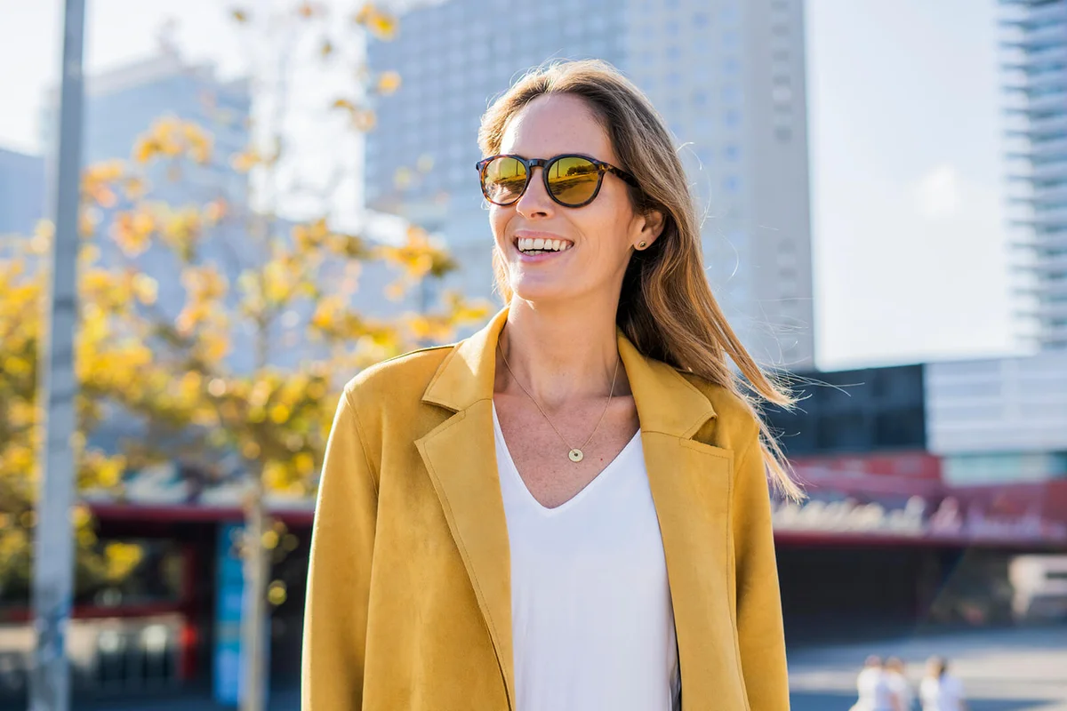 Portrait of smiling woman wearing sunglasses in the city