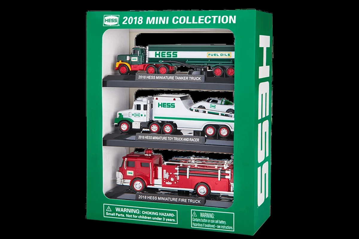 2018 Hess Mini Collection 1970 Fire Truck, 1977 Tanker, 1988 Race Car Mini Trucks Brand New
