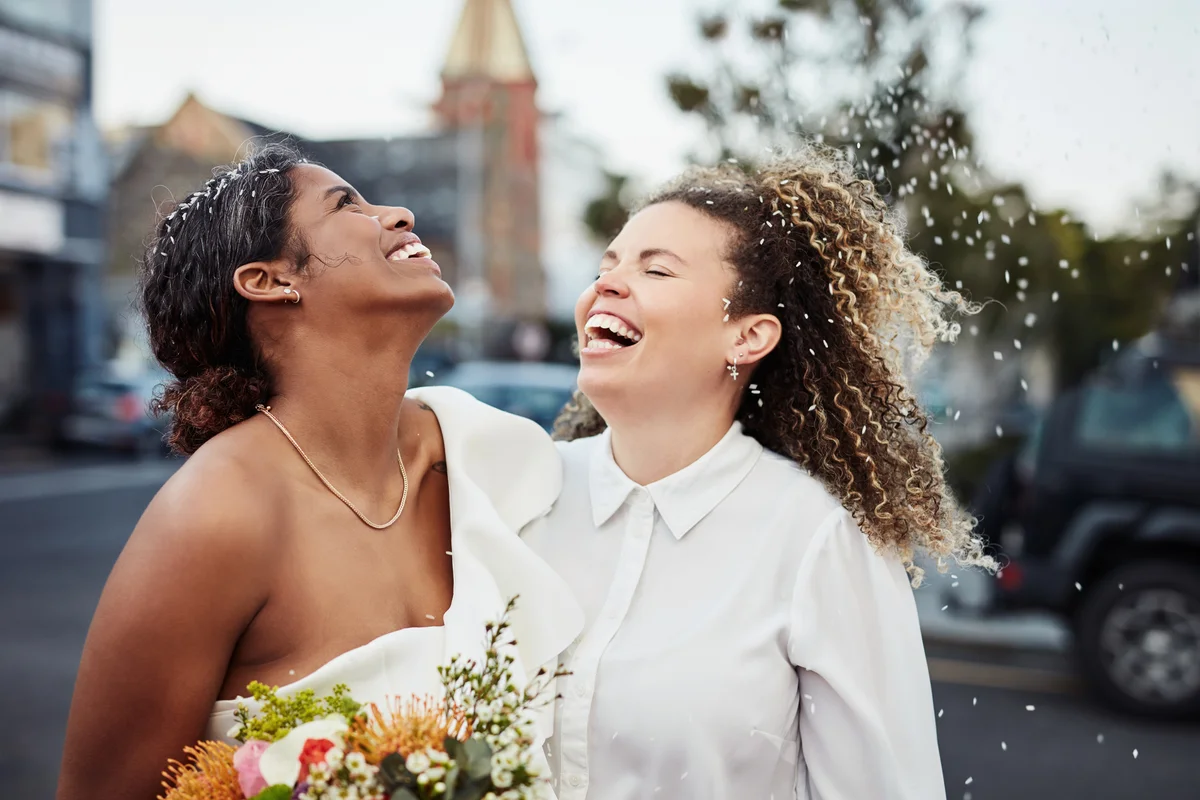 wedding couple laughing