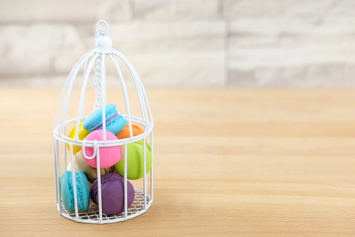 Colorful Macaroons In Birdcage