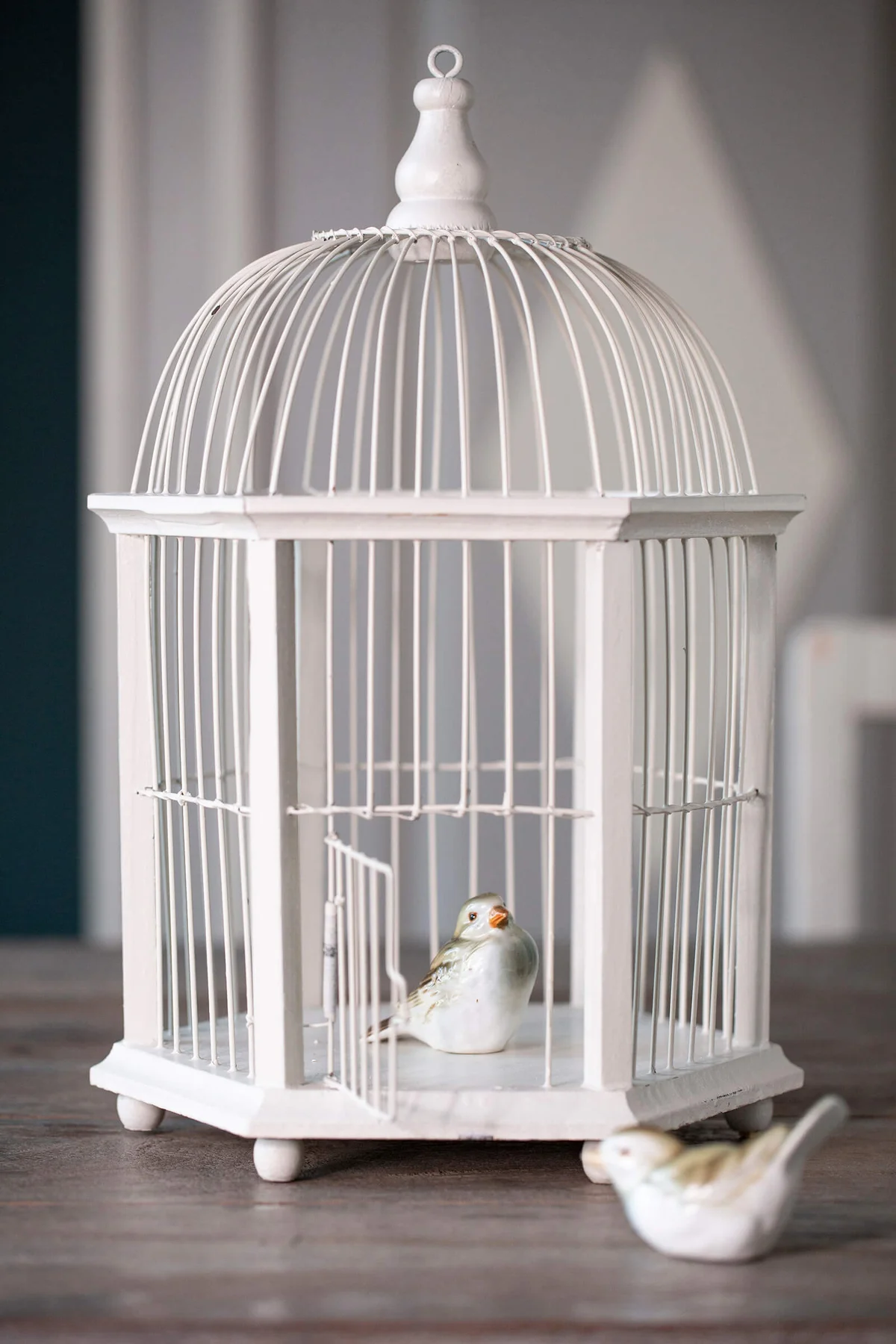 Bird cage with ceramic birds