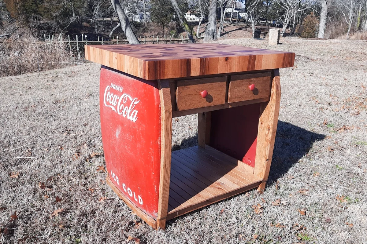 Oak Kitchen Island with vintage Coke Cooler sides