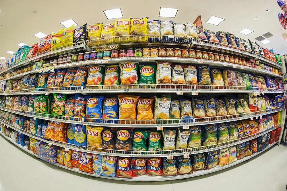 Snack chips on a supermarket shelf