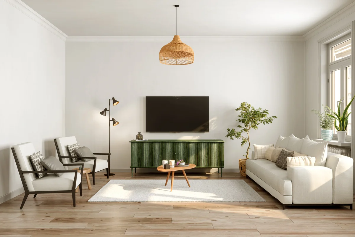 Modern Living Room Interior With Television Set, Sofa, Armchair, Floor Lamp And Coffee Table