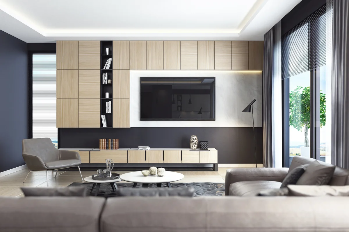 Luxury living room interior with leather sofa and TV