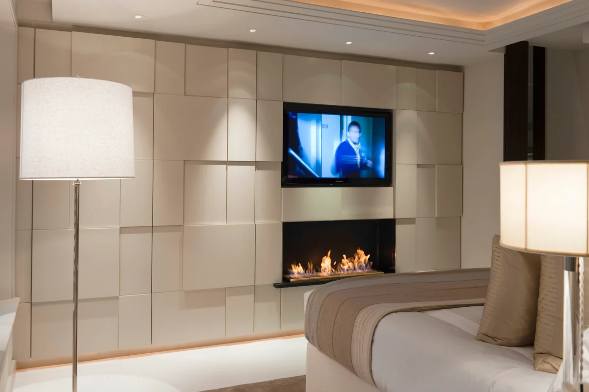 Plasma TV screen and fireplace