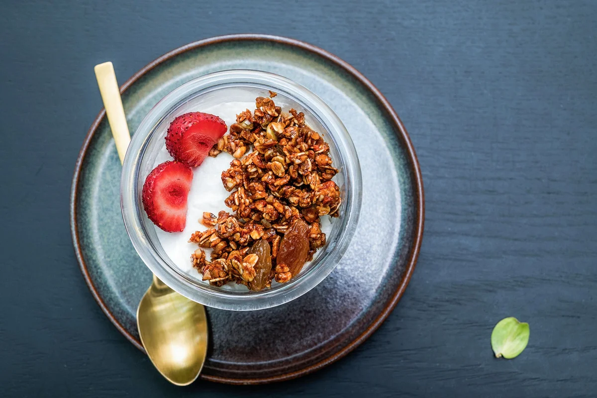 A glass of fruit and yogurt parfait