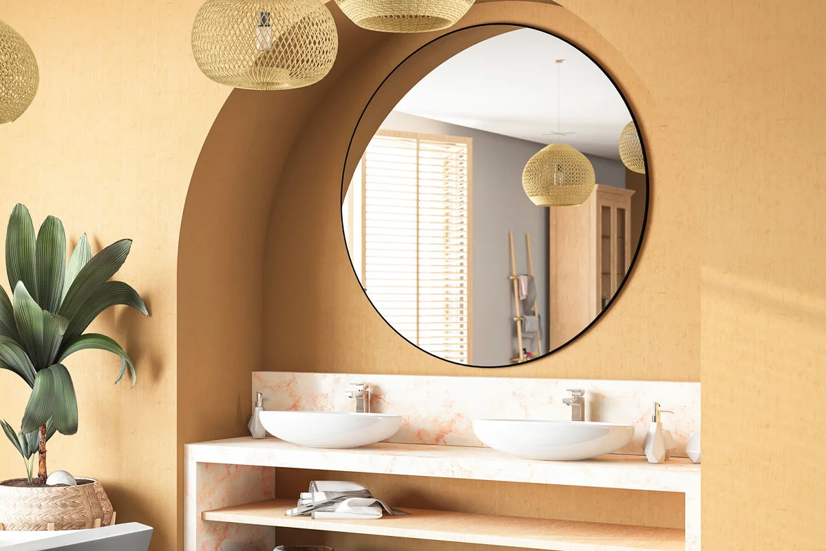 Cozy Beige Bathroom with a Sink and Wooden Furniture