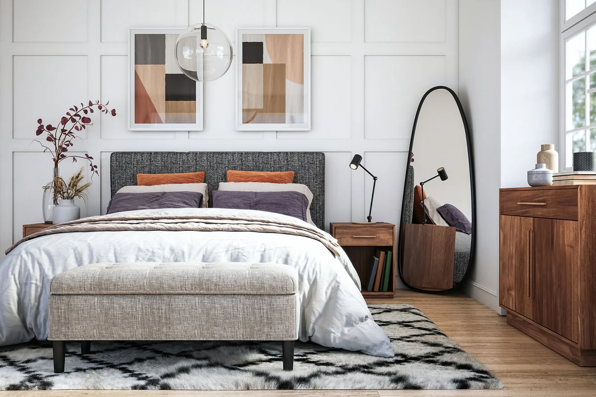 Bedroom interior with wooden furniture