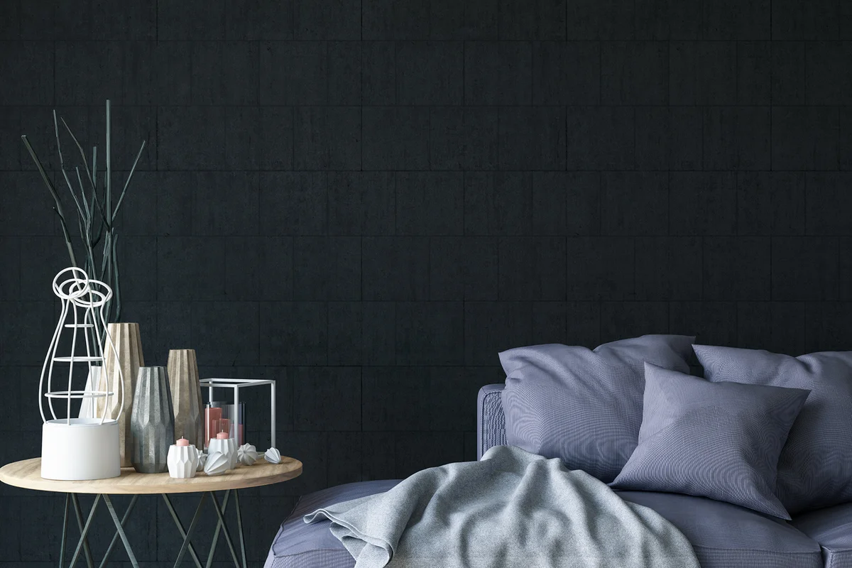 Close Up Sofa with Decors and Black Wall