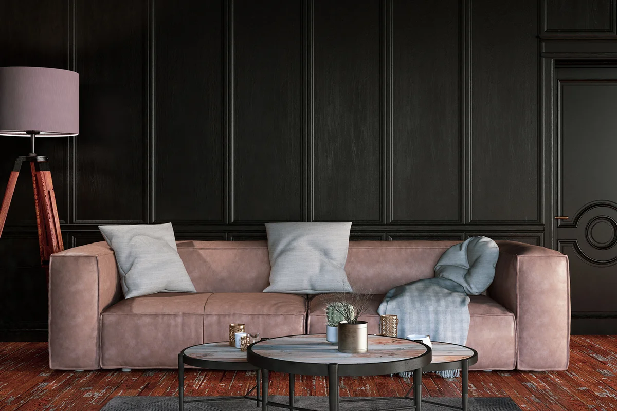 Living room with black wall panels and furnitures