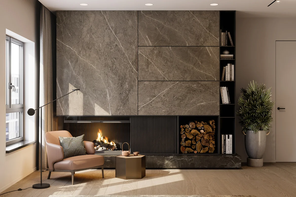 3D rendering of a bedroom with armchair by the fireplace
